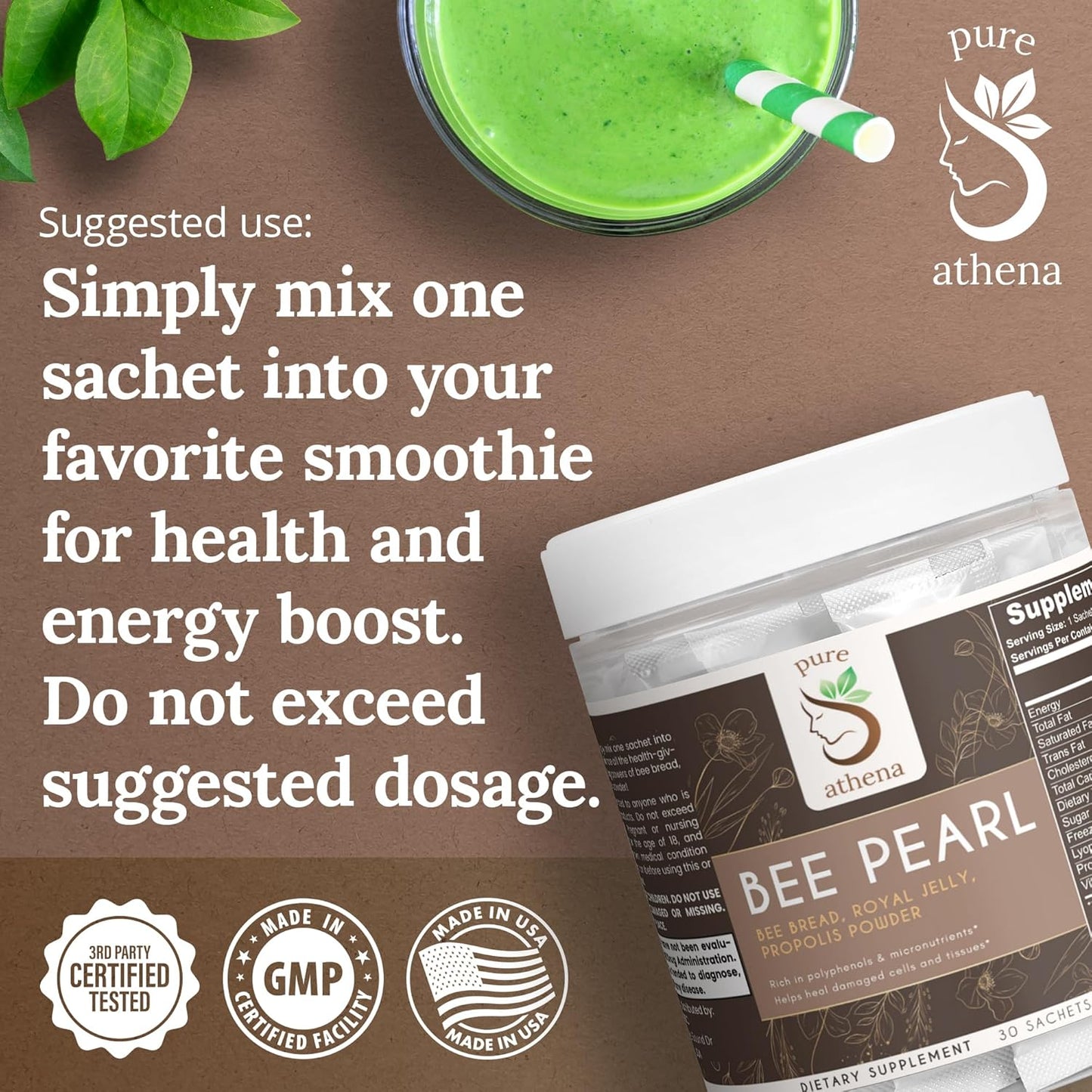 Organic Athena Bee Pearl Powder with Bee Bread, Royal Jelly, Propolis & Vitamin C - Supports Cellular Health, Immunity & Energy - Natural Multivitamin Sachets