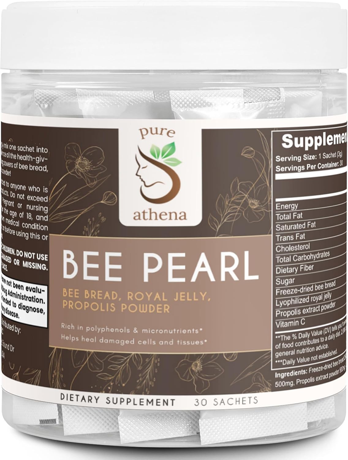 Organic Athena Bee Pearl Powder with Bee Bread, Royal Jelly, Propolis & Vitamin C - Supports Cellular Health, Immunity & Energy - Natural Multivitamin Sachets
