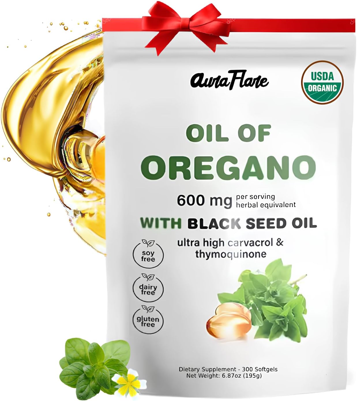 Organic AuraFlare Oil of Oregano Softgels with Black Seed Oil - 300 Count Non-GMO Capsules for Natural Antioxidants and Fitness Boost