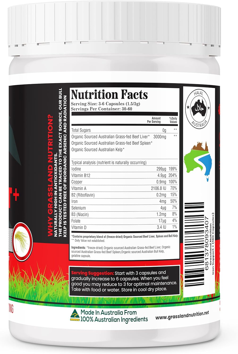 Organic Australian Grassland Nutrition: Iron Support Beef Organ Blend with Spleen - High in Iron, B12, Iodine (180 Capsules)