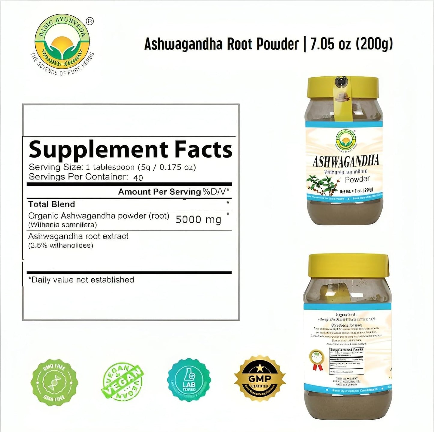 Organic Ayurvedic Ashwagandha Powder for Energy, Focus, and Mood Support - 7.05 Oz (200g)