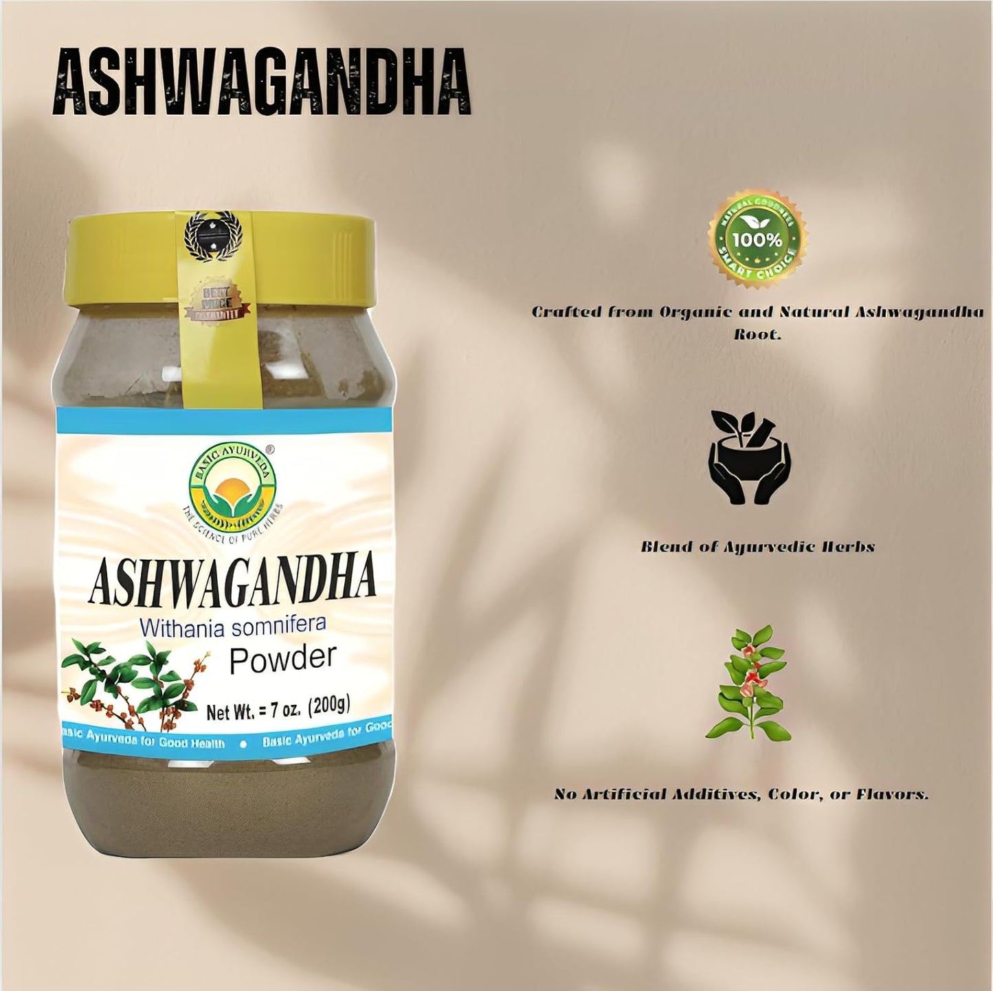 Organic Ayurvedic Ashwagandha Powder for Energy, Focus, and Mood Support - 7.05 Oz (200g)