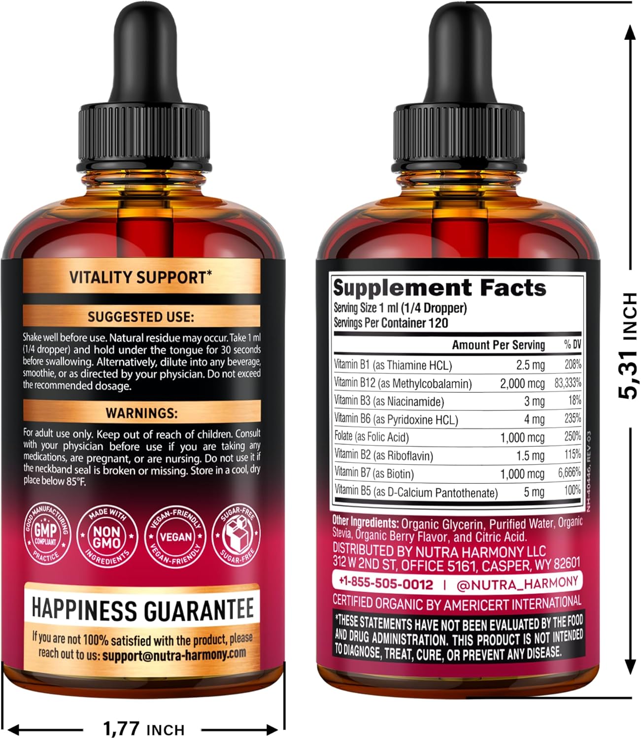 Organic B-Complex Liquid Drops with Pantothenic Acid, Methylcobalamin, Thiamine, Pyridoxine, Biotin, Folic, and Niacinamide - 4fl oz USA-Made Supplement