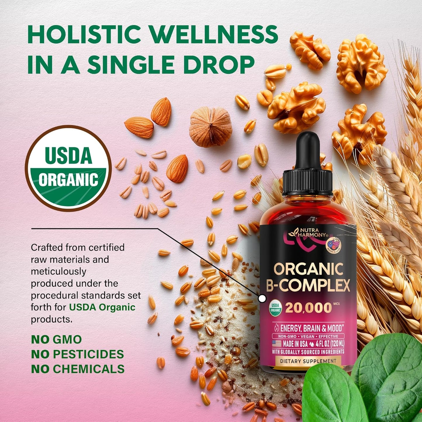 Organic B-Complex Liquid Drops with Pantothenic Acid, Methylcobalamin, Thiamine, Pyridoxine, Biotin, Folic, and Niacinamide - 4fl oz USA-Made Supplement