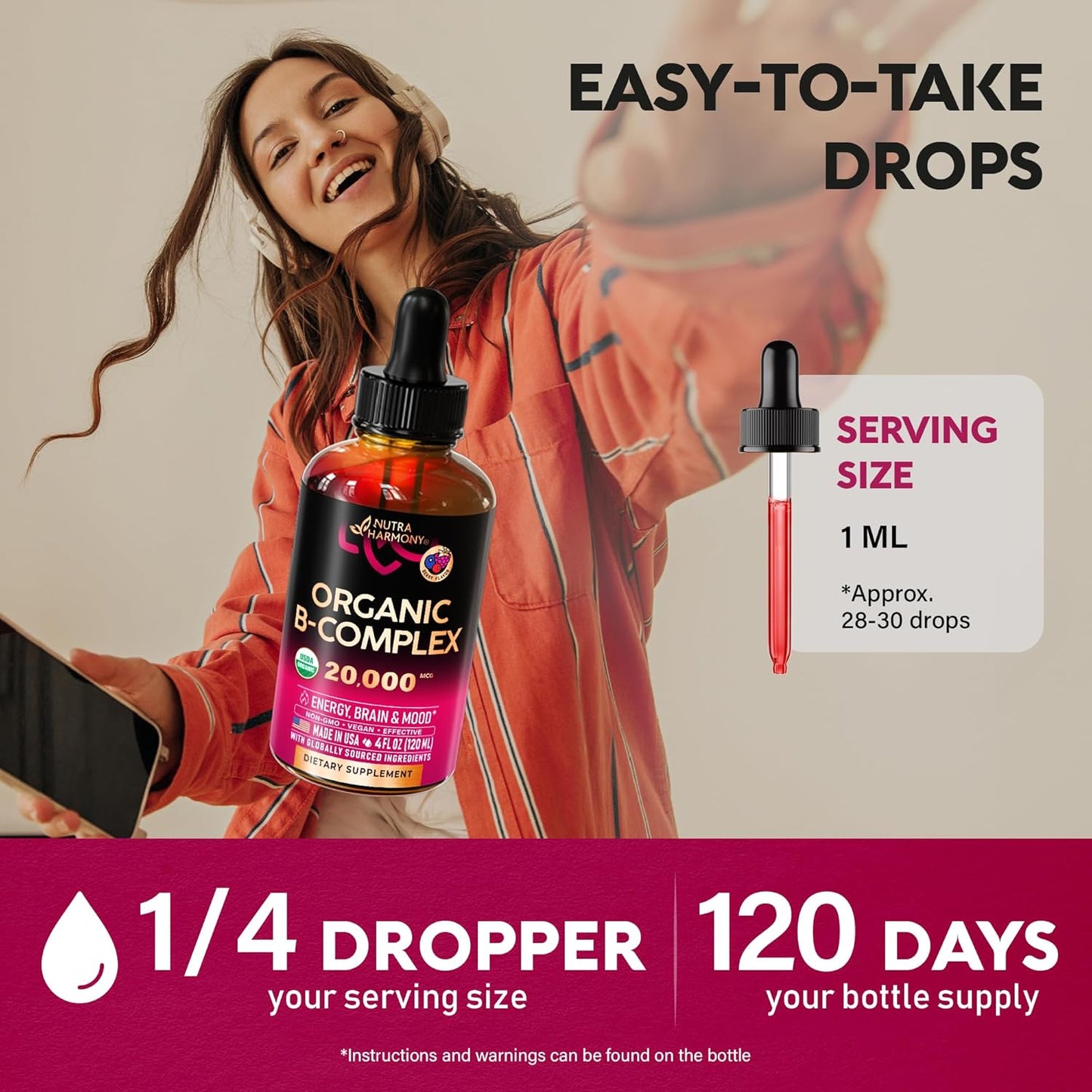 Organic B-Complex Liquid Drops with Pantothenic Acid, Methylcobalamin, Thiamine, Pyridoxine, Biotin, Folic, and Niacinamide - 4fl oz USA-Made Supplement