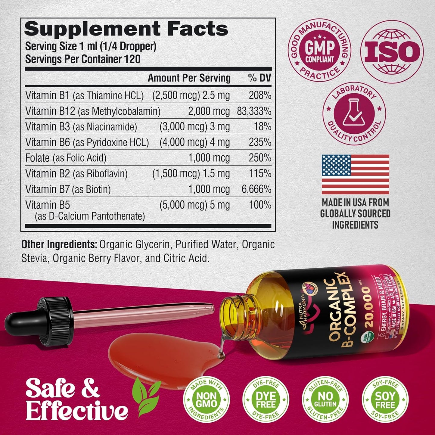 Organic B-Complex Liquid Drops with Pantothenic Acid, Methylcobalamin, Thiamine, Pyridoxine, Biotin, Folic, and Niacinamide - 4fl oz USA-Made Supplement