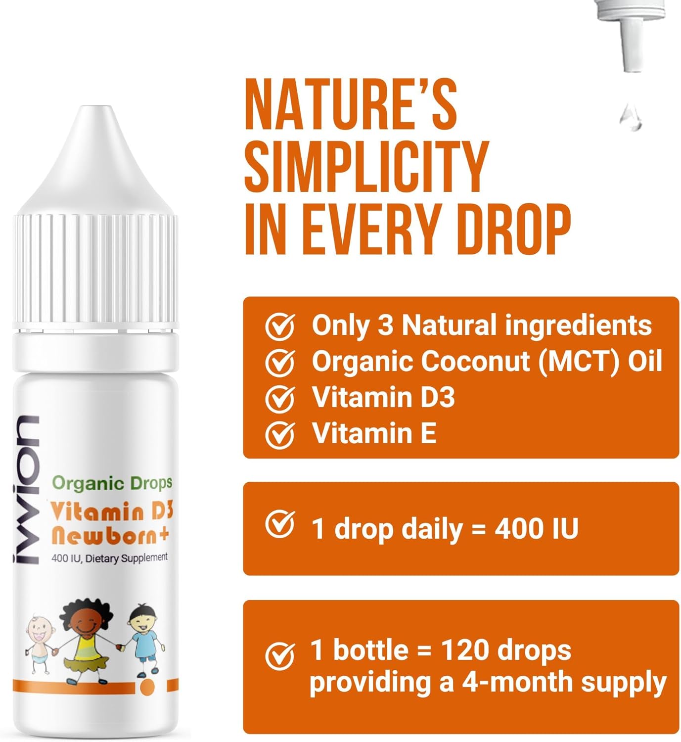 Organic Baby Vitamin D3 Drops - 400 IU for Infants, Newborns, and Toddlers - Non-GMO, Gluten-Free Liquid Supplement - Pediatrician Approved - 2.8 ml, 120 Servings