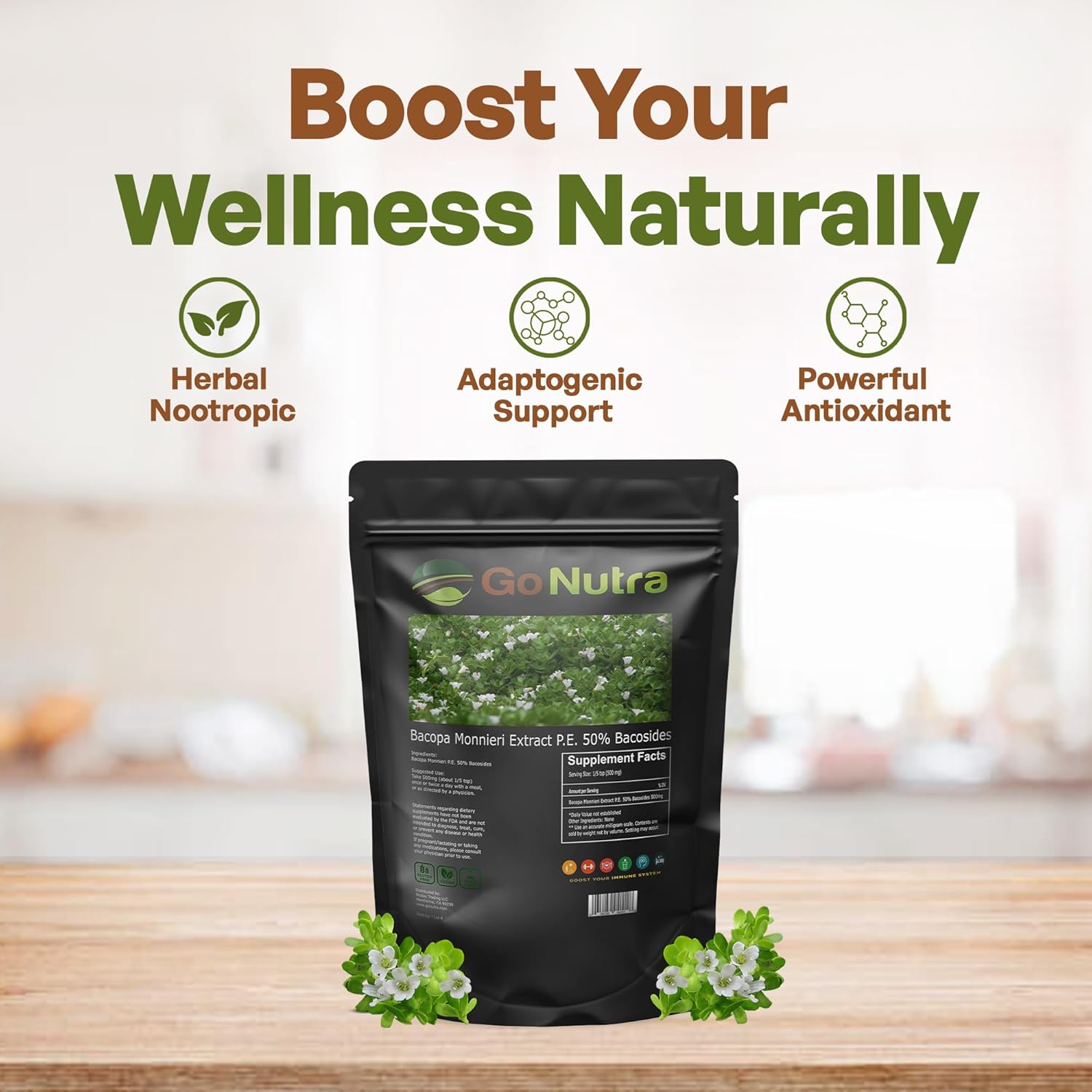 Organic Bacopa Monnieri Extract Powder - 50% Bacosides - Herbal Brahmi Supplement (4 oz.) by Go Nutra