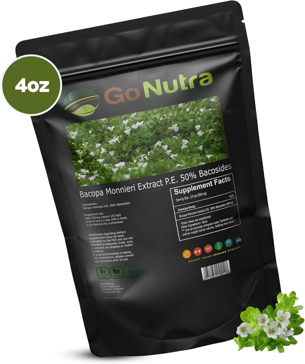 Organic Bacopa Monnieri Extract Powder - 50% Bacosides - Herbal Brahmi Supplement (4 oz.) by Go Nutra