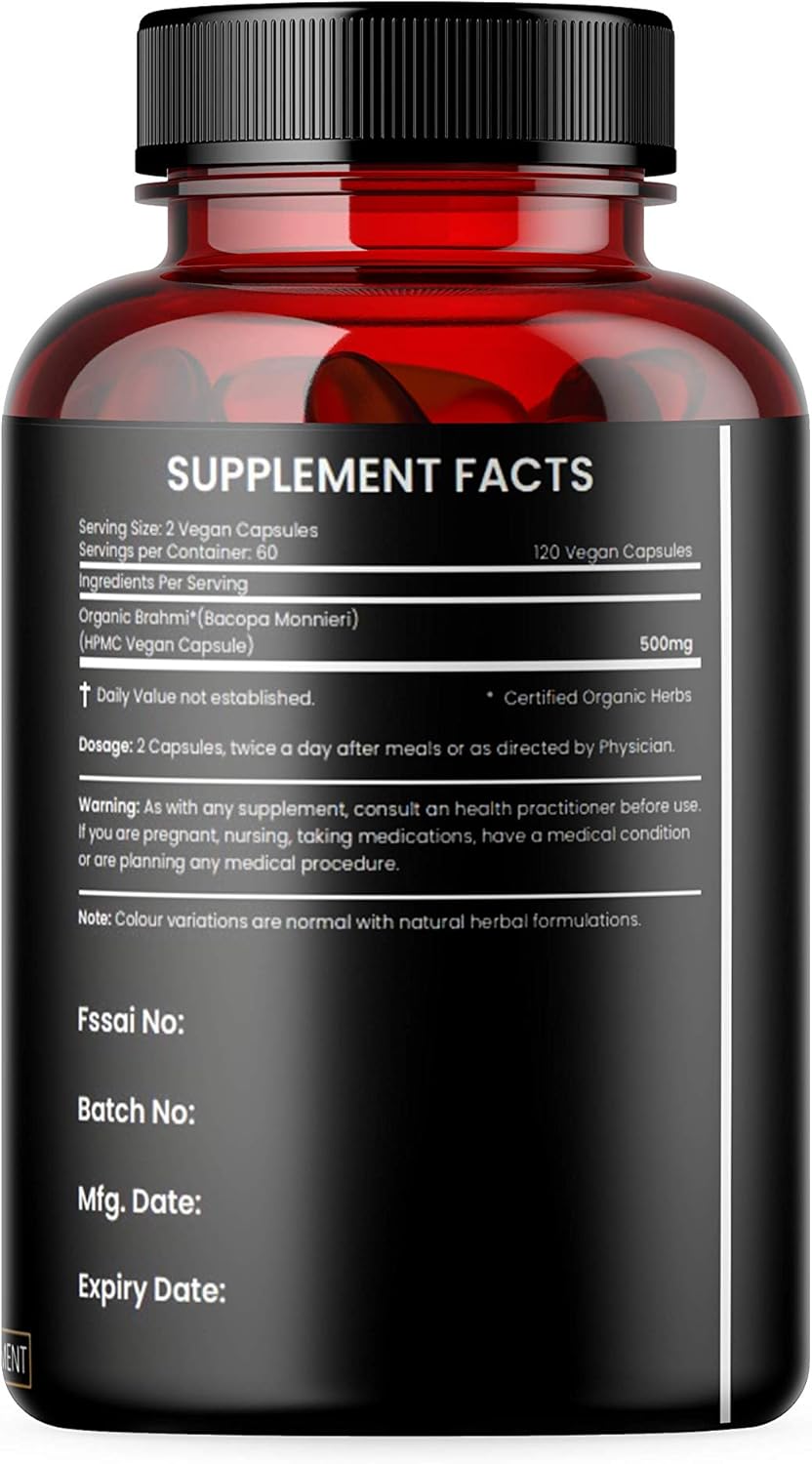 Organic Bacopa Monnieri Nootropic Brain Supplement for Mental Focus and Memory - 120 Capsules, 500mg - Kailash Herbals