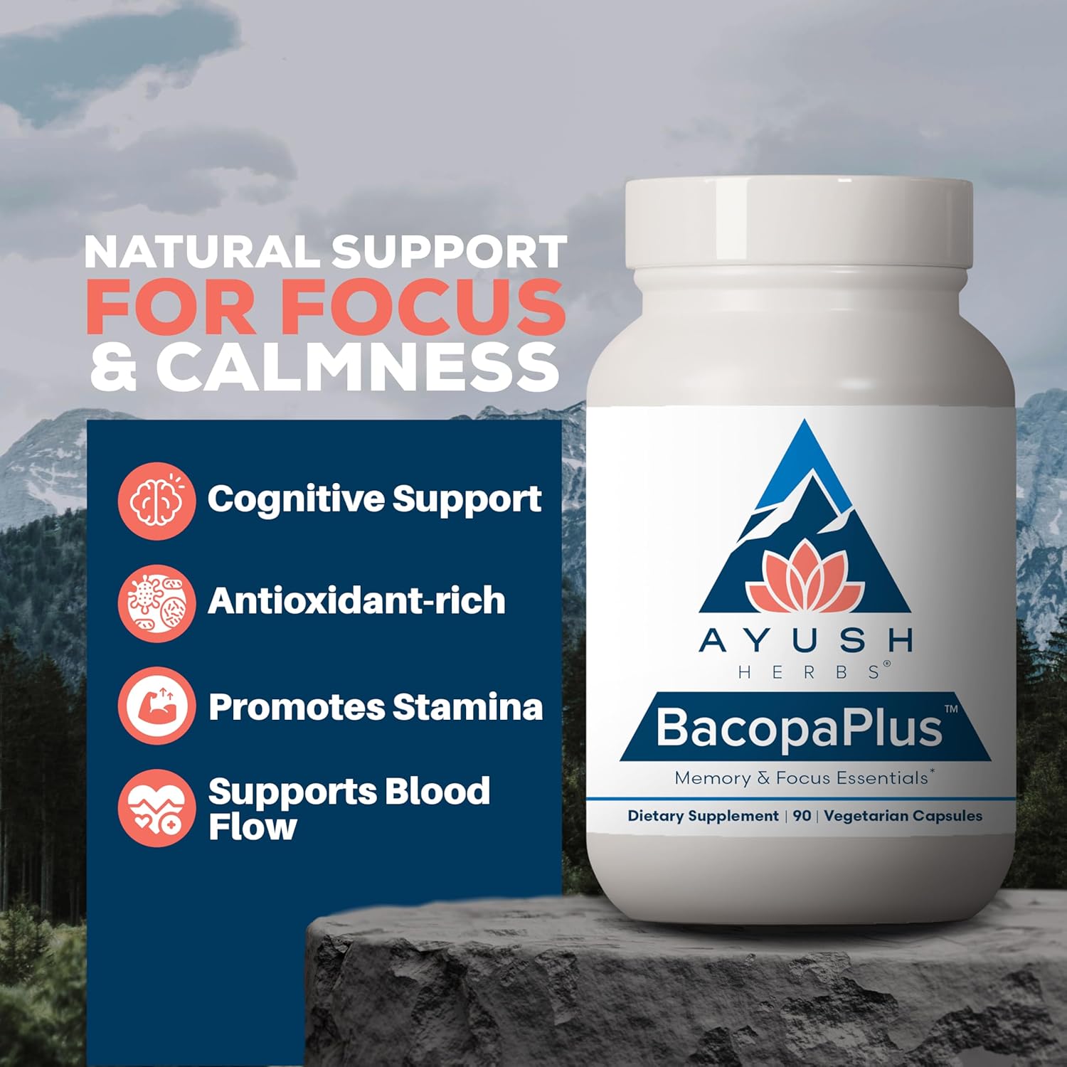Organic BacopaPlus Supplement for Memory & Focus with Ginkgo and Ashwagandha - 90 Vegetarian Capsules