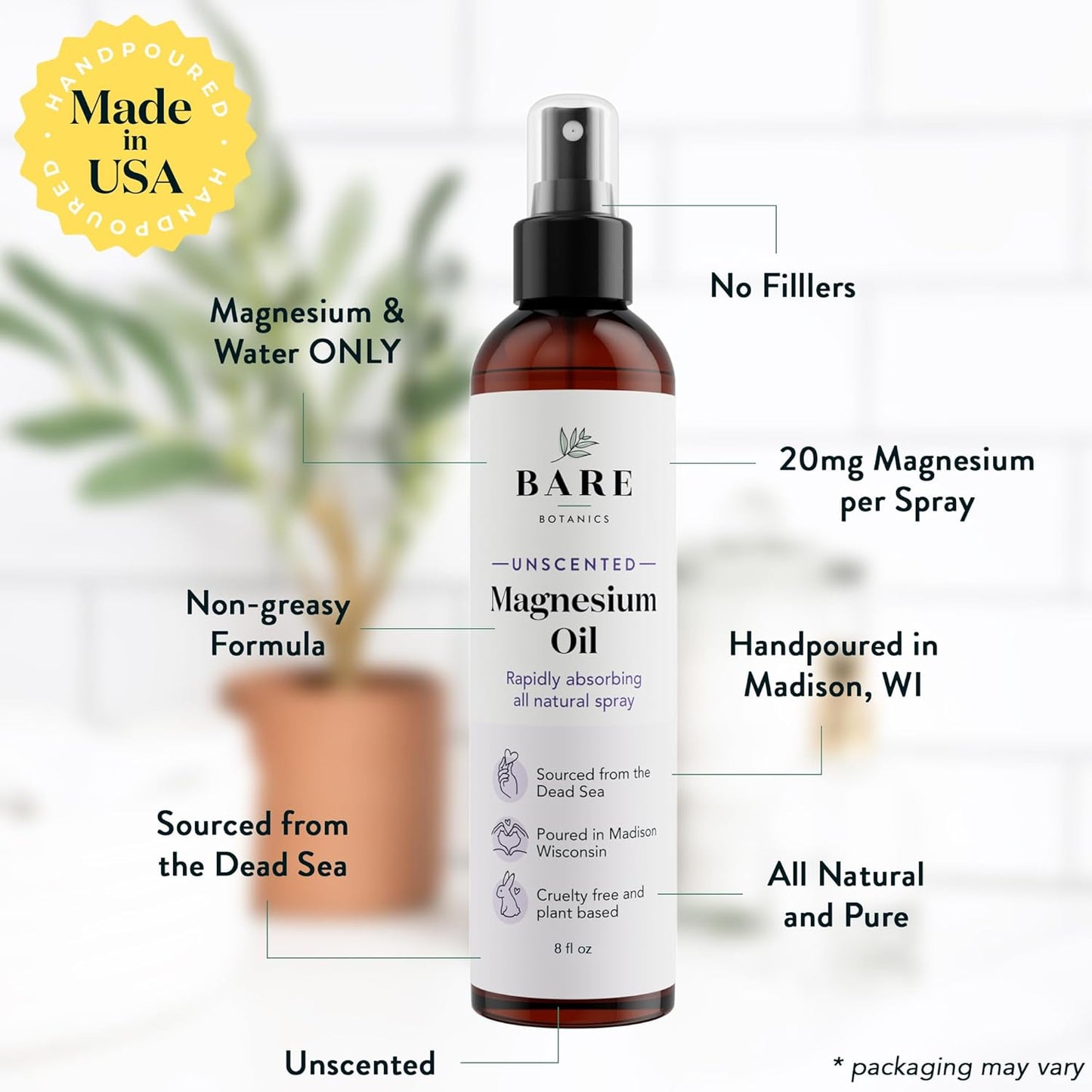 Organic Bare Botanics 8 oz Magnesium Oil Spray from Dead Sea - Fast Absorption - Handcrafted in Madison, WI - Promotes Sleep & Relieves Muscle Pain