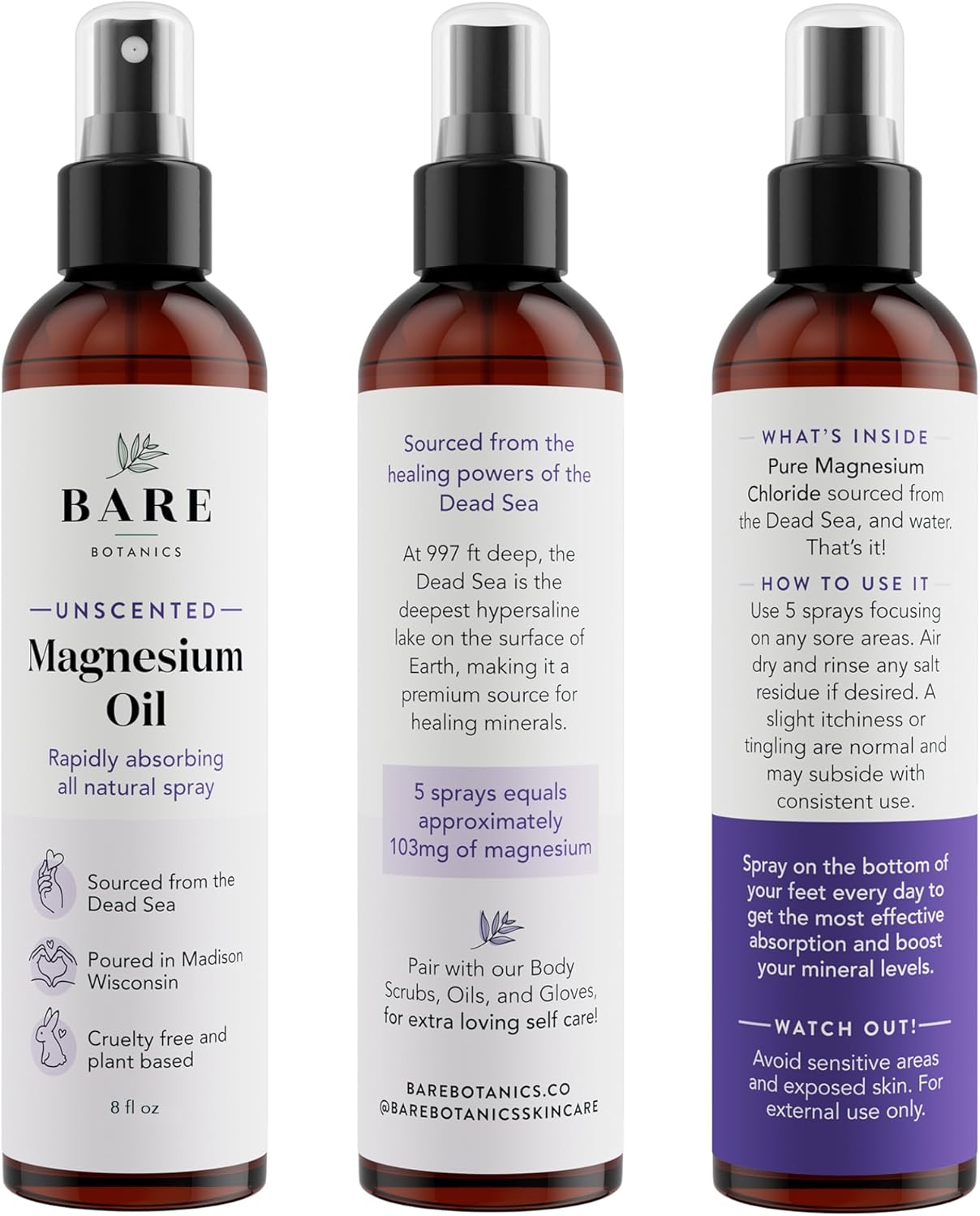 Organic Bare Botanics 8 oz Magnesium Oil Spray from Dead Sea - Fast Absorption - Handcrafted in Madison, WI - Promotes Sleep & Relieves Muscle Pain