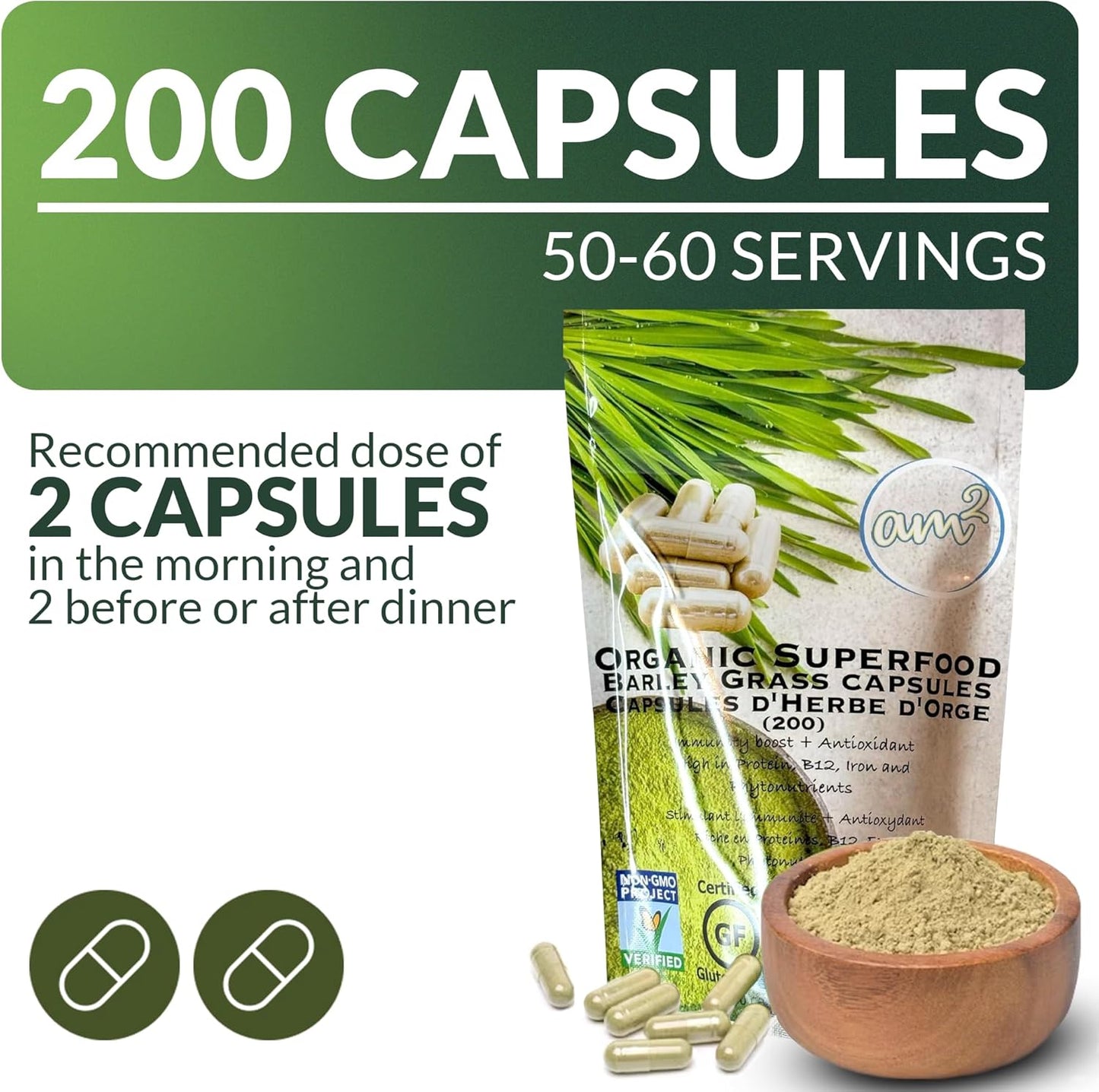 Organic Barley Grass Capsules - Pure Juice Powder, Green Superfood Supplement - High in Fiber & Antioxidants - Boost Immunity & Digestive Health - 200 Capsules
