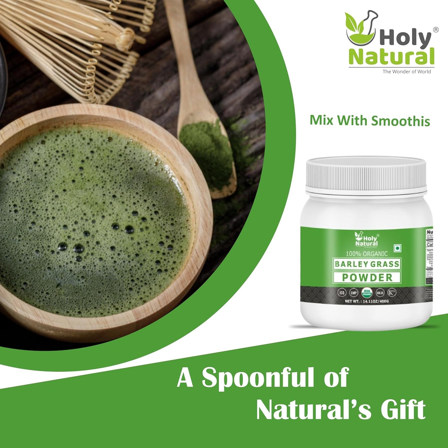 Organic Barley Grass Powder - Pure & Natural Nutrition Superfood - 14.11 oz/400 gm - Raw & Non GMO - Ideal for Smoothies & Juices