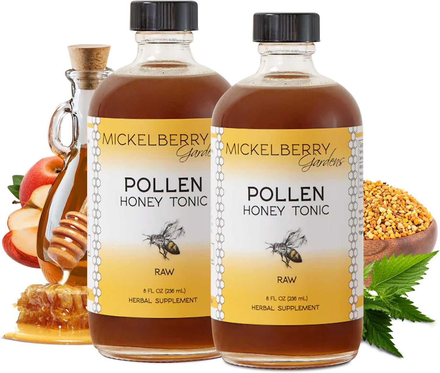 Organic Bee Pollen Honey Tonic for Respiratory Support - Raw Honey Oxymel with Stinging Nettle - 8 Oz (2 Pack)