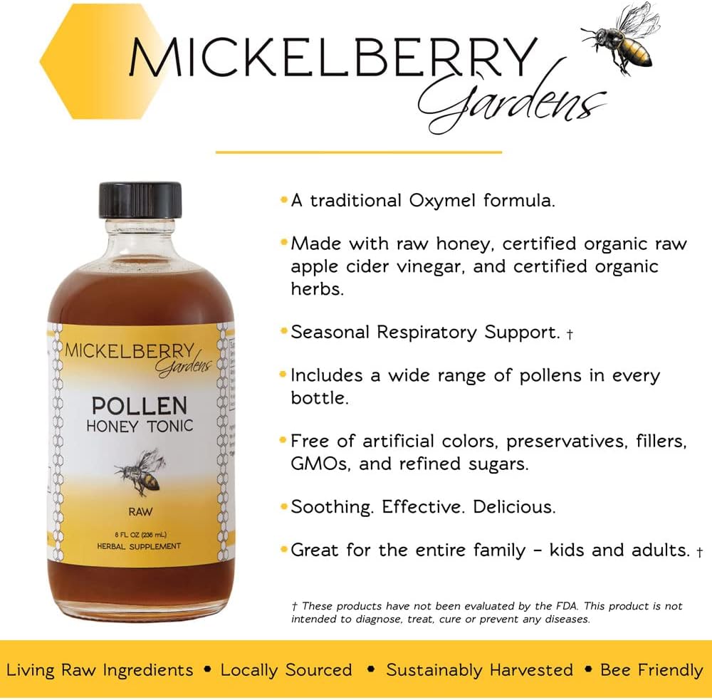 Organic Bee Pollen Honey Tonic for Respiratory Support - Raw Honey Oxymel with Stinging Nettle - 8 Oz (2 Pack)