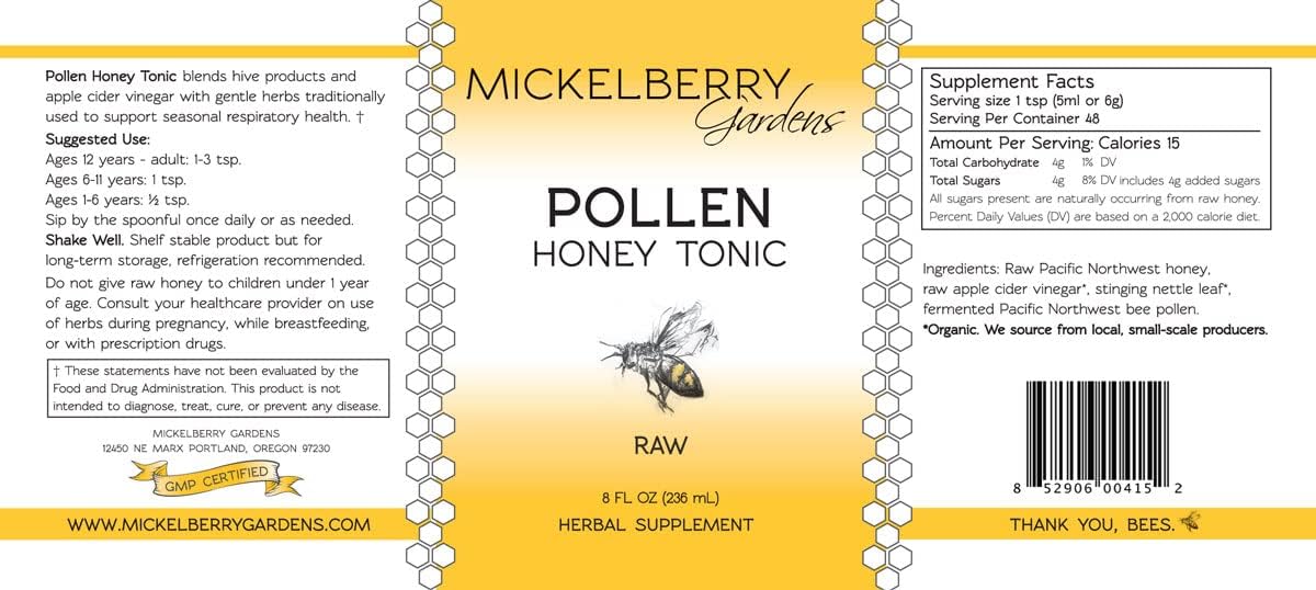 Organic Bee Pollen Honey Tonic for Respiratory Support - Raw Honey Oxymel with Stinging Nettle - 8 Oz (2 Pack)