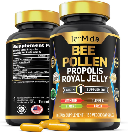 Organic Bee Pollen Supplement with Propolis, Royal Jelly, Turmeric, Carob - Energy, Immune, Digestive Support - 150 Capsules