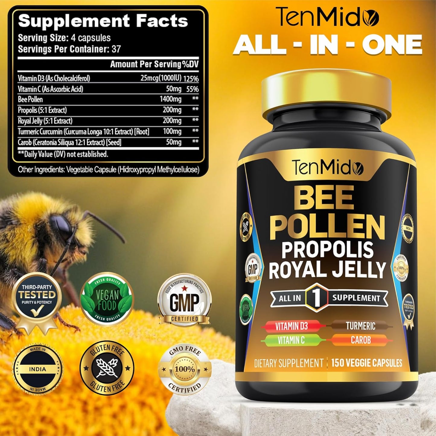 Organic Bee Pollen Supplement with Propolis, Royal Jelly, Turmeric, Carob - Energy, Immune, Digestive Support - 150 Capsules