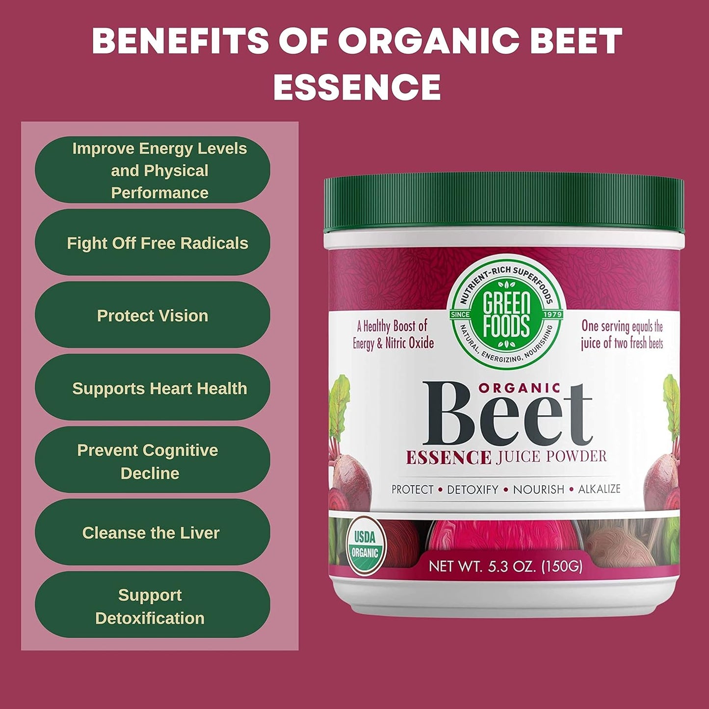 Organic Beet Essence Juice Powder - Nitric Oxide Superfood for Natural Energy and Endurance - 5.3oz (30 Servings) - Worldwide Nutrition Green Foods