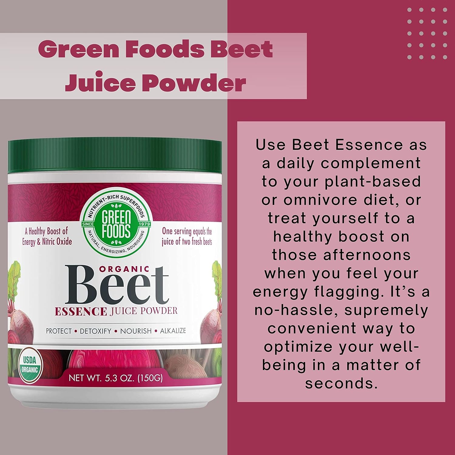 Organic Beet Essence Juice Powder - Nitric Oxide Superfood for Natural Energy and Endurance - 5.3oz (30 Servings) - Worldwide Nutrition Green Foods