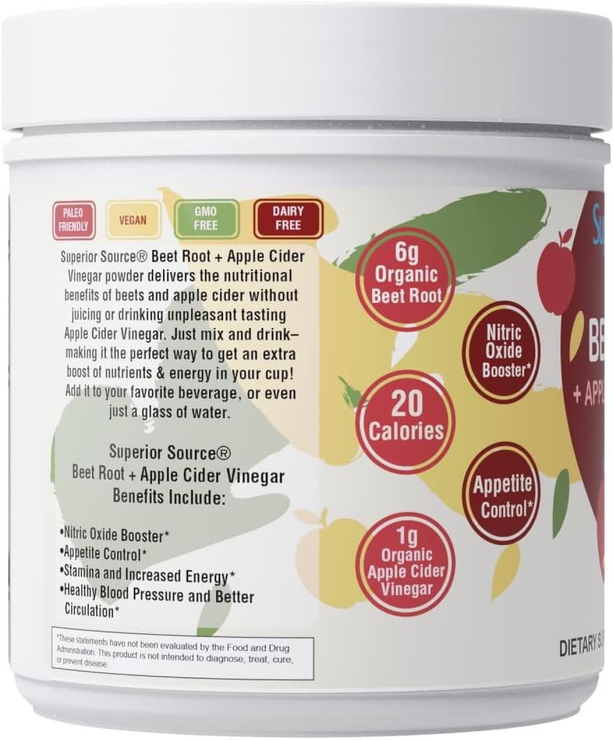 Organic Beet Root and Apple Cider Vinegar Powder for Nitric Oxide Boost, Energy, Heart Health, Immunity, Detox - 30 Servings