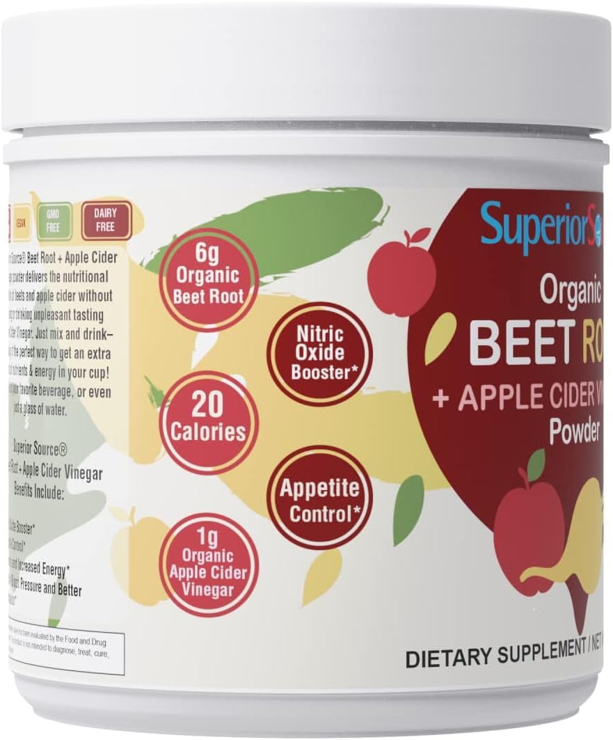 Organic Beet Root and Apple Cider Vinegar Powder for Nitric Oxide Boost, Energy, Heart Health, Immunity, Detox - 30 Servings