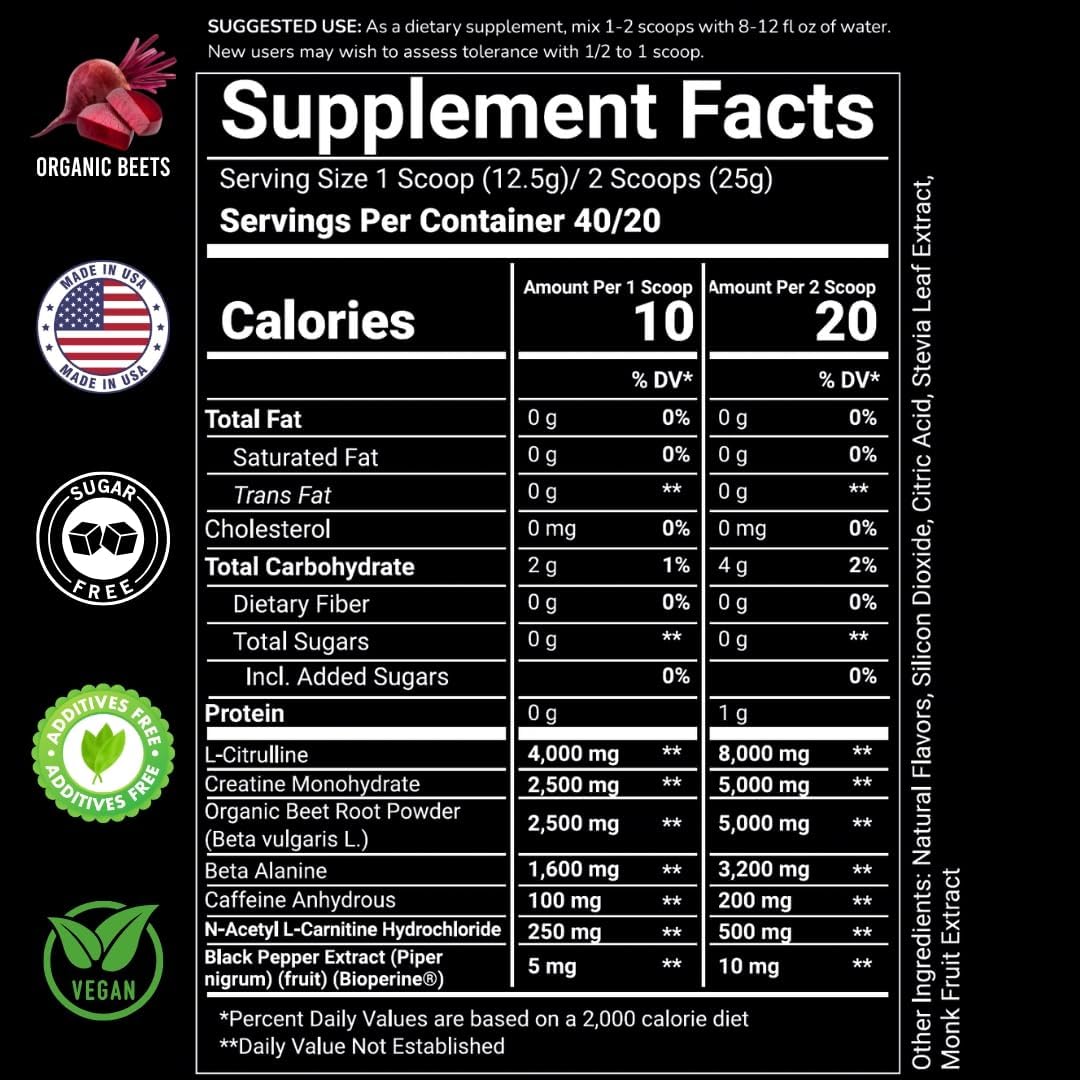 Organic Beet Root & Caffeine Pre-Workout Supplement - Light Peach Mango Flavor with L-Citrulline & Beta-Alanine | Boosts Energy & Focus | Sugar-Free & Properly Dosed