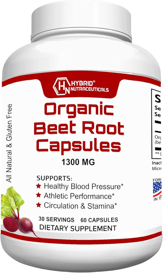 Organic Beet Root Capsules 1300mg - Natural Nitric Oxide Supplement for Blood Pressure, Heart Health, Athletic Performance - 60 Capsules