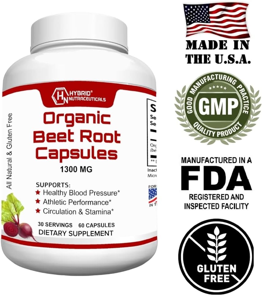 Organic Beet Root Capsules 1300mg - Natural Nitric Oxide Supplement for Blood Pressure, Heart Health, Athletic Performance - 60 Capsules