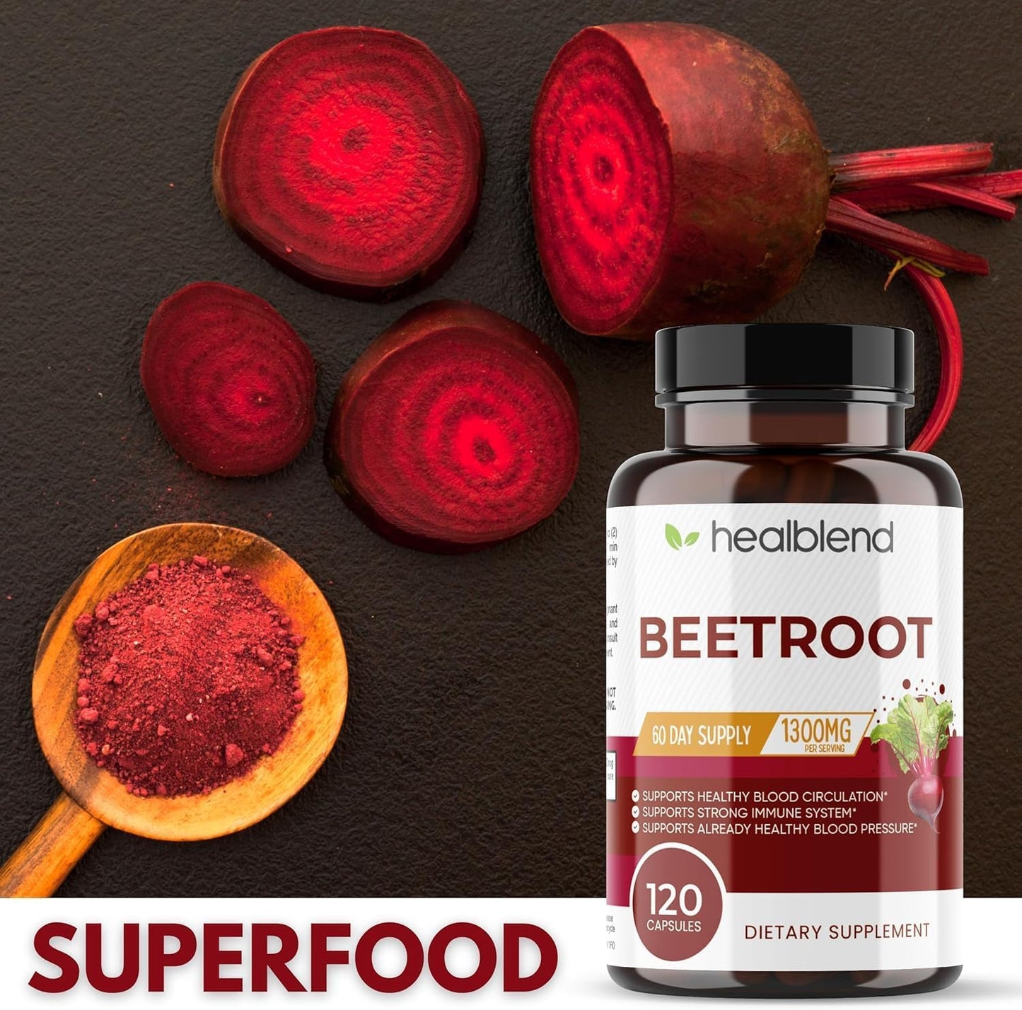 Organic Beet Root Capsules 1300mg - Nitric Oxide Booster for Healthy Blood Pressure and Heart Health - 120 Count