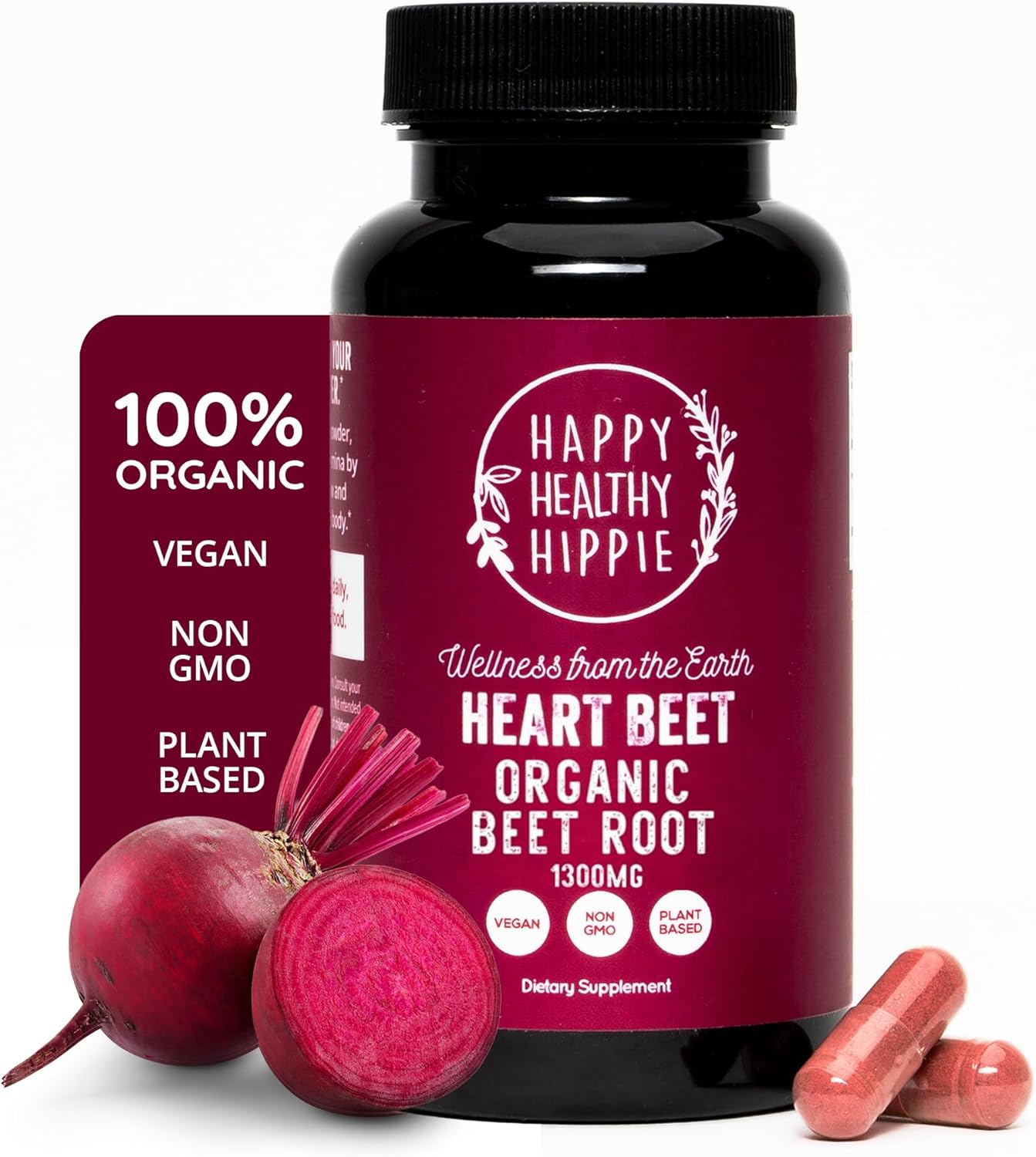 Organic Beet Root Capsules 1300mg Superfood for Blood Pressure, Nitric Oxide Support | Circulation & Flow Booster | Antioxidant Brain Food for Men & Women - Vegan, 60 Ct