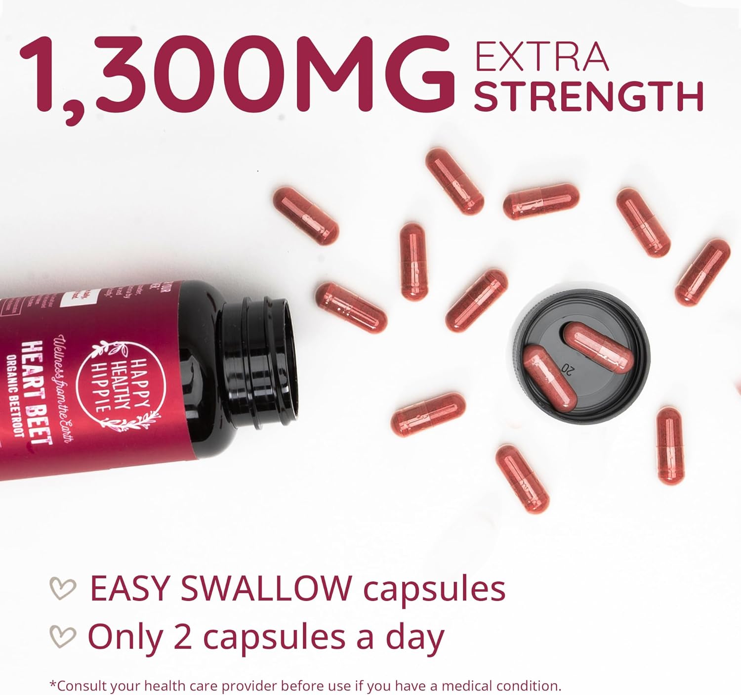 Organic Beet Root Capsules 1300mg Superfood for Blood Pressure, Nitric Oxide Support | Circulation & Flow Booster | Antioxidant Brain Food for Men & Women - Vegan, 60 Ct