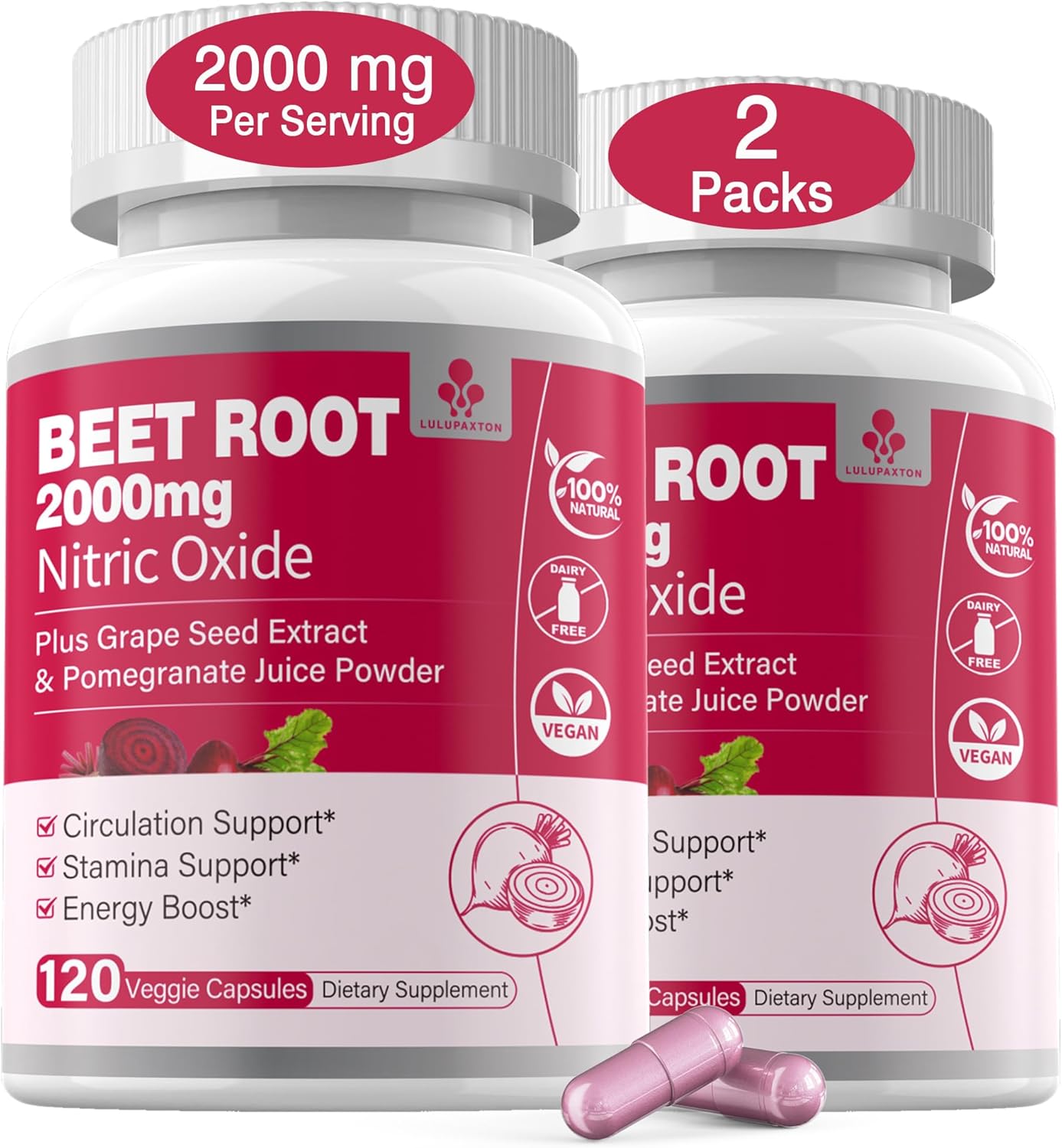 Organic Beet Root Capsules 2000mg for Circulation & Energy, Nitric Oxide Supplement with Grape Seed Extract & Pomegranate Juice Powder, Non GMO - 240 Count