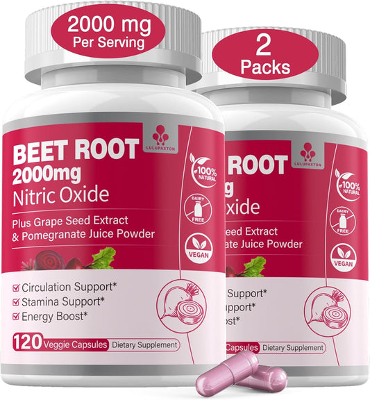 Organic Beet Root Capsules 2000mg for Circulation & Energy, Nitric Oxide Supplement with Grape Seed Extract & Pomegranate Juice Powder, Non GMO - 240 Count