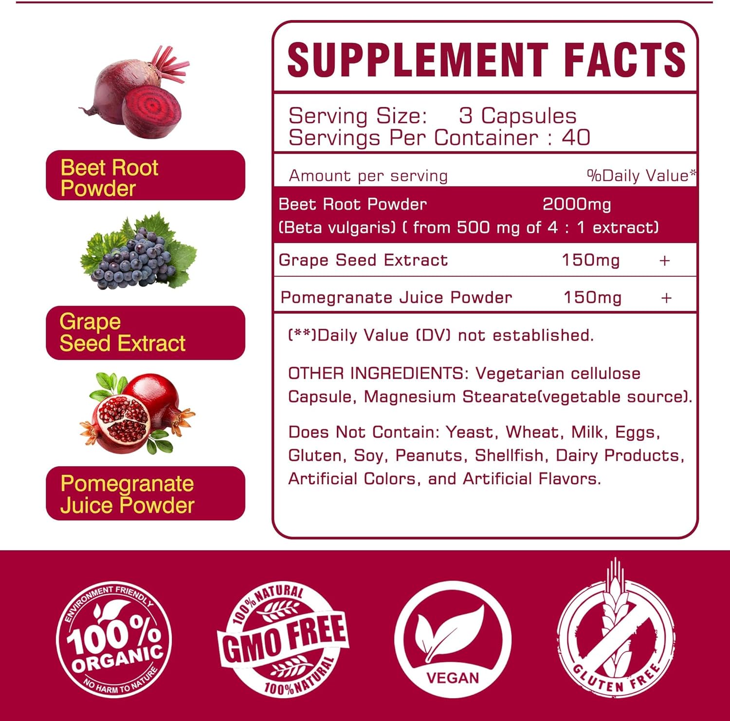 Organic Beet Root Capsules 2000mg for Circulation & Energy, Nitric Oxide Supplement with Grape Seed Extract & Pomegranate Juice Powder, Non GMO - 240 Count