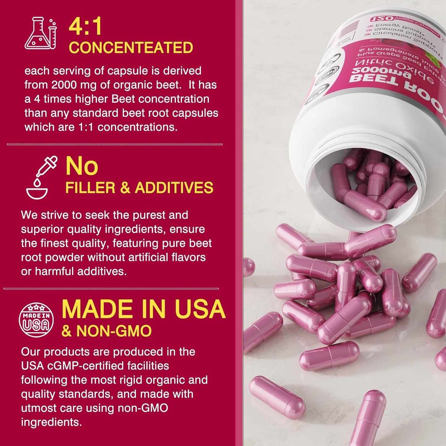 Organic Beet Root Capsules 2000mg for Circulation & Energy, Nitric Oxide Supplement with Grape Seed Extract & Pomegranate Juice Powder, Non GMO - 240 Count