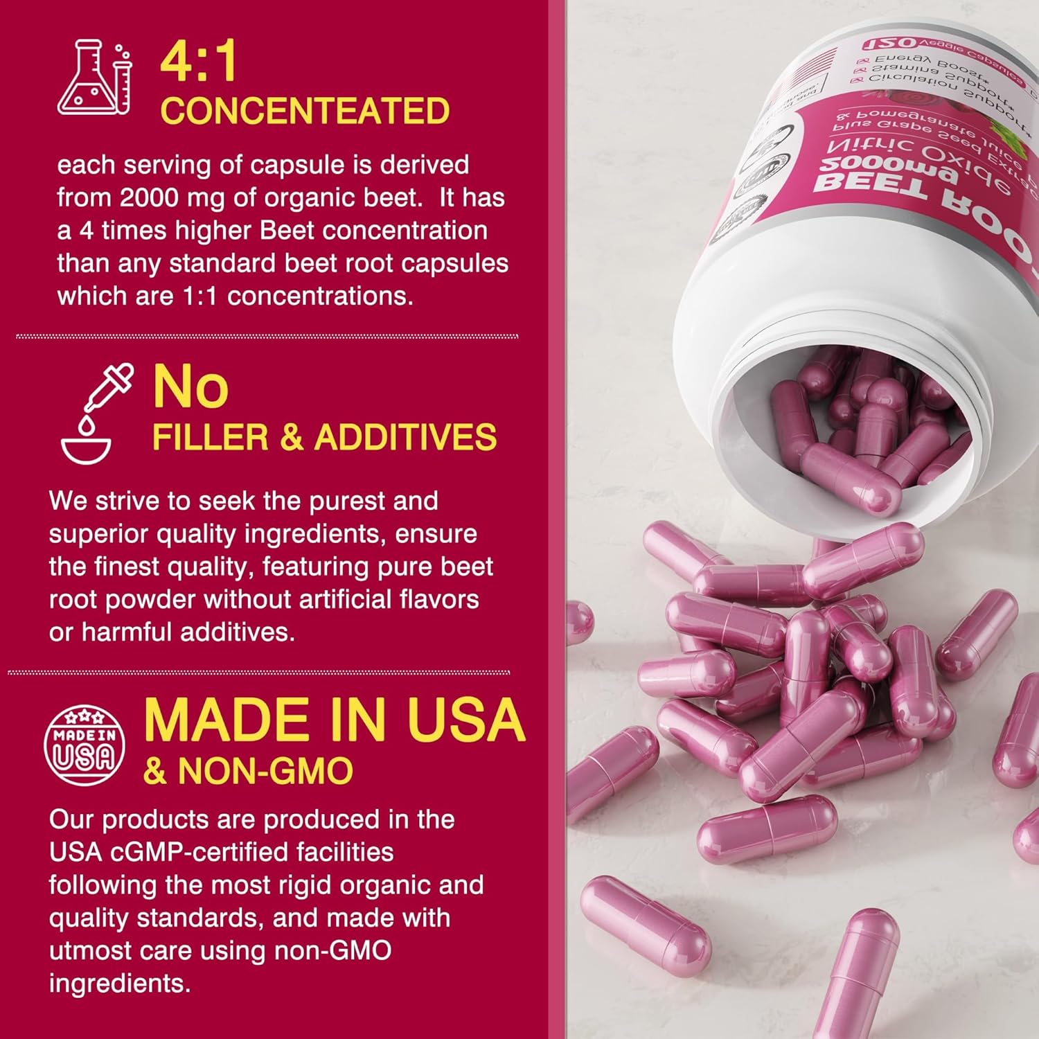 Organic Beet Root Capsules 2000mg for Circulation & Energy, Nitric Oxide Supplement with Grape Seed Extract & Pomegranate Juice Powder, Non GMO - 240 Count