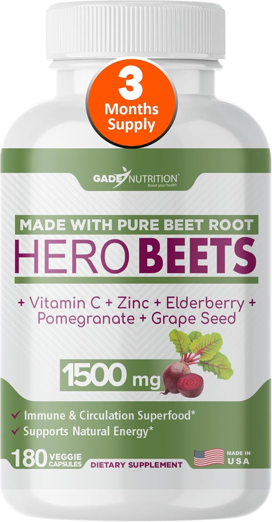 Organic Beet Root Capsules with Vitamin C, Zinc, Elderberry, Pomegranate, Grape Seed Extract - Nitric Oxide Supplement for Healthy Circulation - 3 Month Supply of GADE Nutrition Boost Your Health Formula