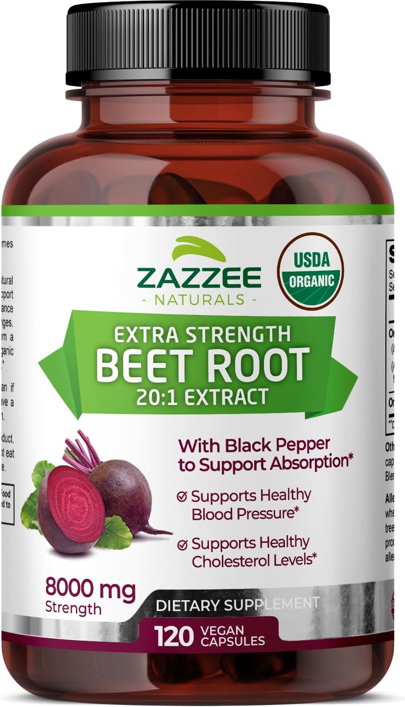Organic Beet Root Extract Capsules 8000mg - 120 Vegan Capsules - Nitric Oxide Support - Non-GMO - Made in USA