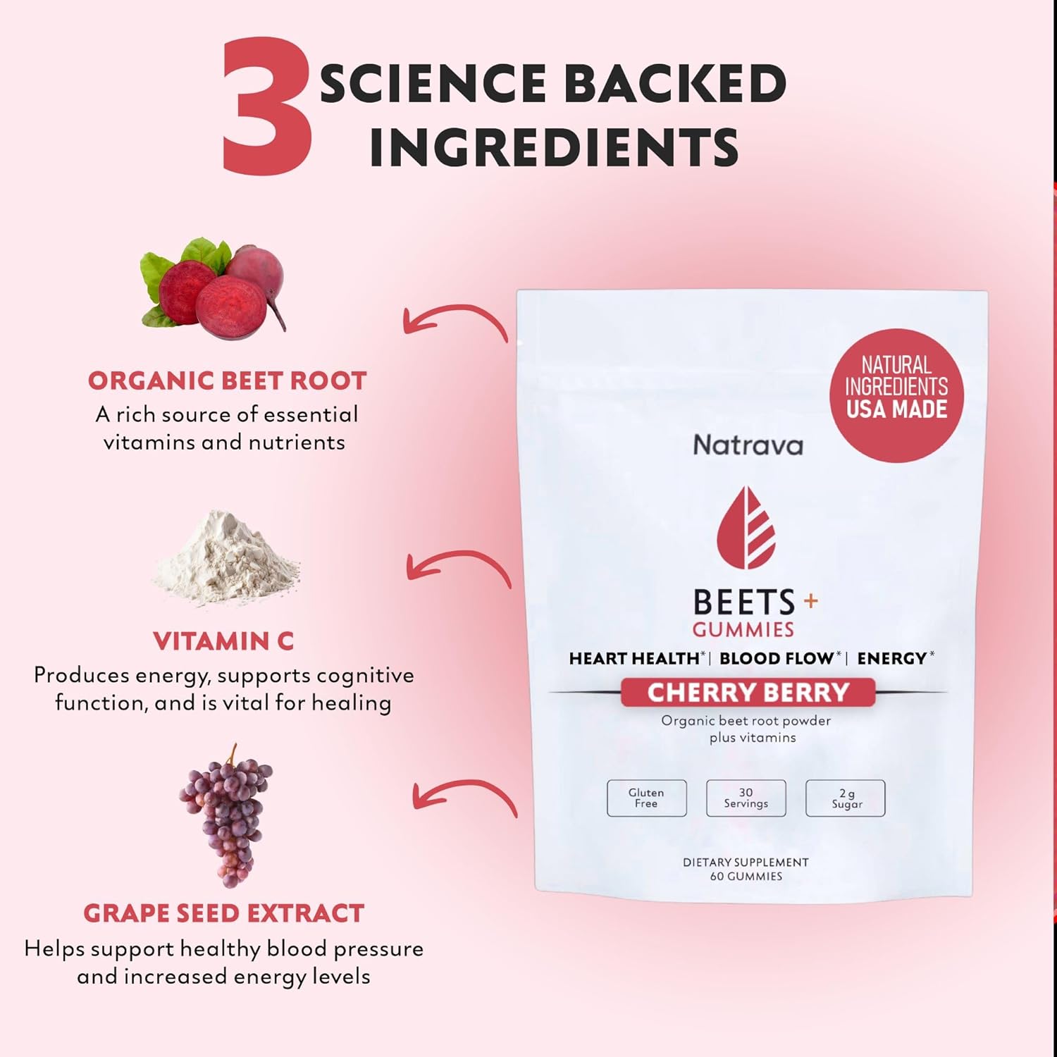 Organic Beet Root Gummies with Grape Seed Extract and Vitamin C for Heart Health - 60 Count - Nitric Oxide & Circulation Support