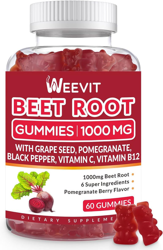 Organic Beet Root Gummies with Grape Seed, Pomegranate, Black Pepper, Vitamin C, B12 | Sugar Free Nitric Oxide Booster for Men Women by WEEVIT