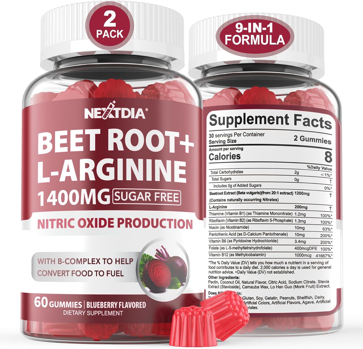 Organic Beet Root Gummies with L-Arginine 1400mg for Energy, Blood Flow & Circulation - Vegan, Non-GMO, 120 Count