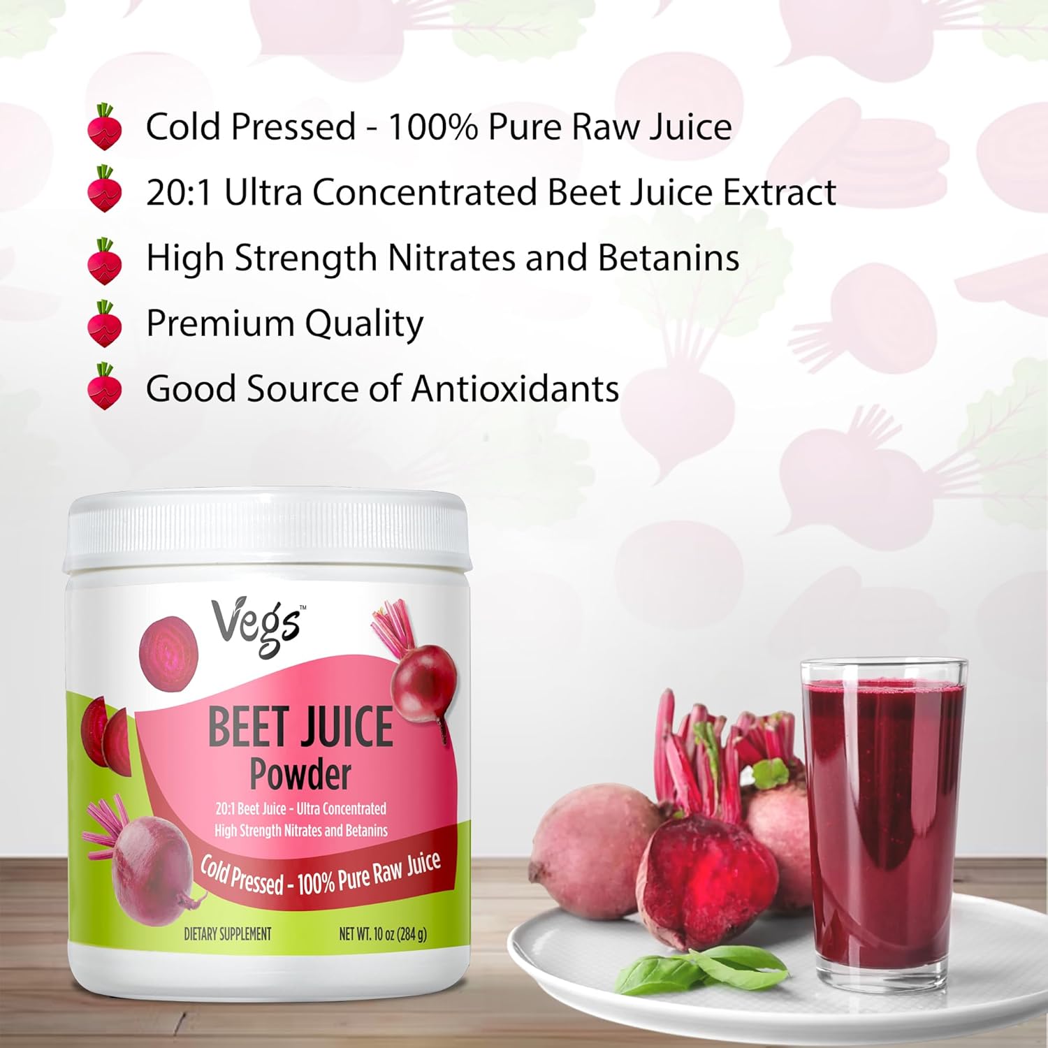 Organic Beet Root Juice Powder - 20:1 Concentrated Nitrates for Healthy Circulation & Energy - Freeze Dried, Non-GMO - 10 oz