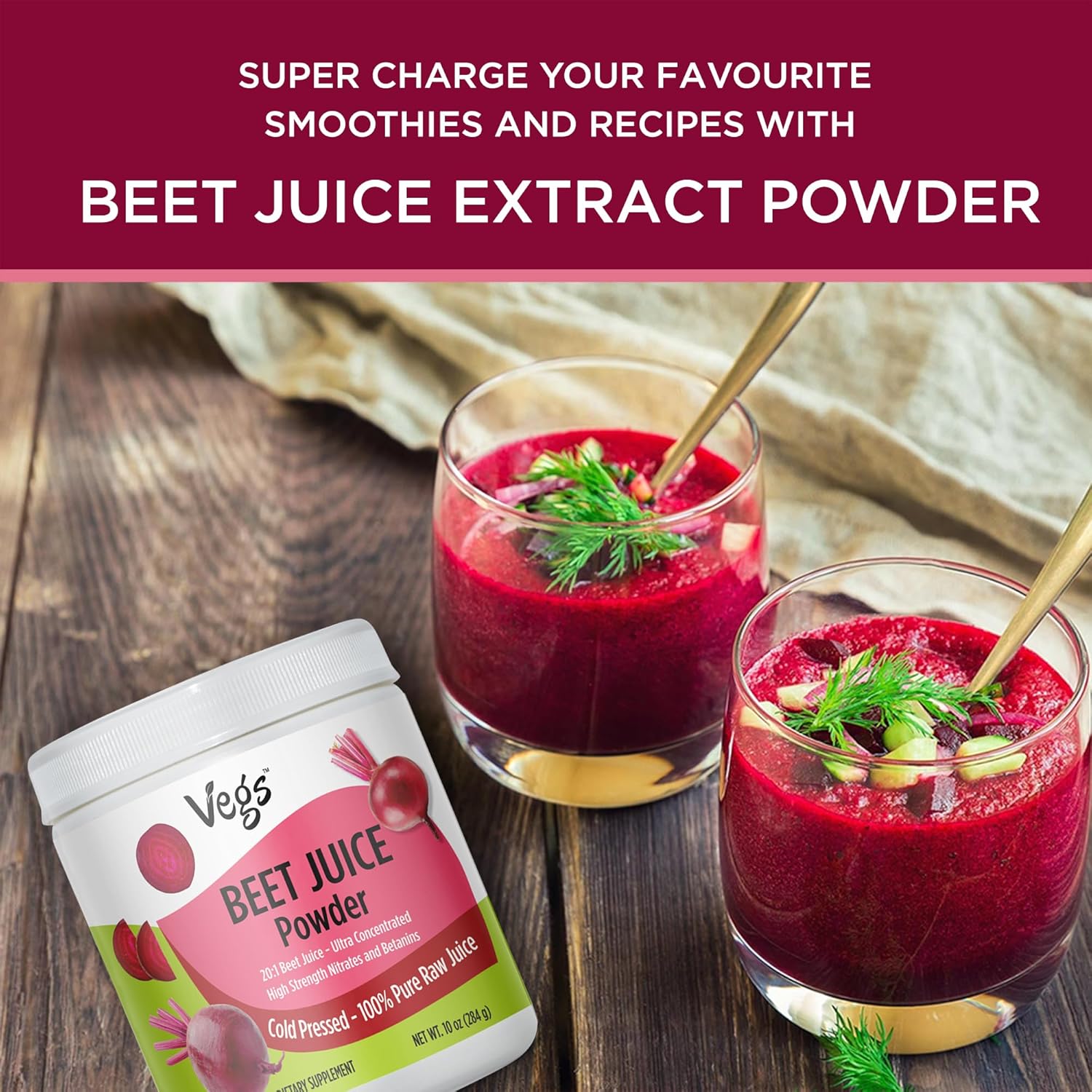 Organic Beet Root Juice Powder - 20:1 Concentrated Nitrates for Healthy Circulation & Energy - Freeze Dried, Non-GMO - 10 oz