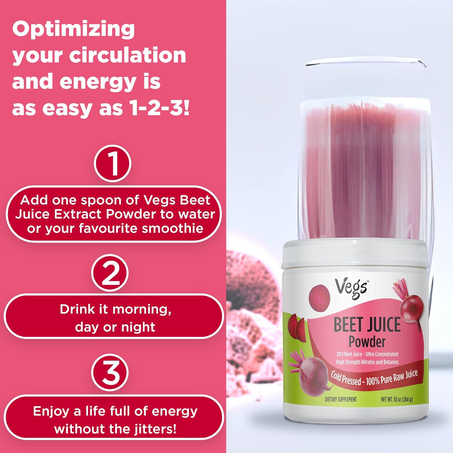 Organic Beet Root Juice Powder - 20:1 Concentrated Nitrates for Healthy Circulation & Energy - Freeze Dried, Non-GMO - 10 oz