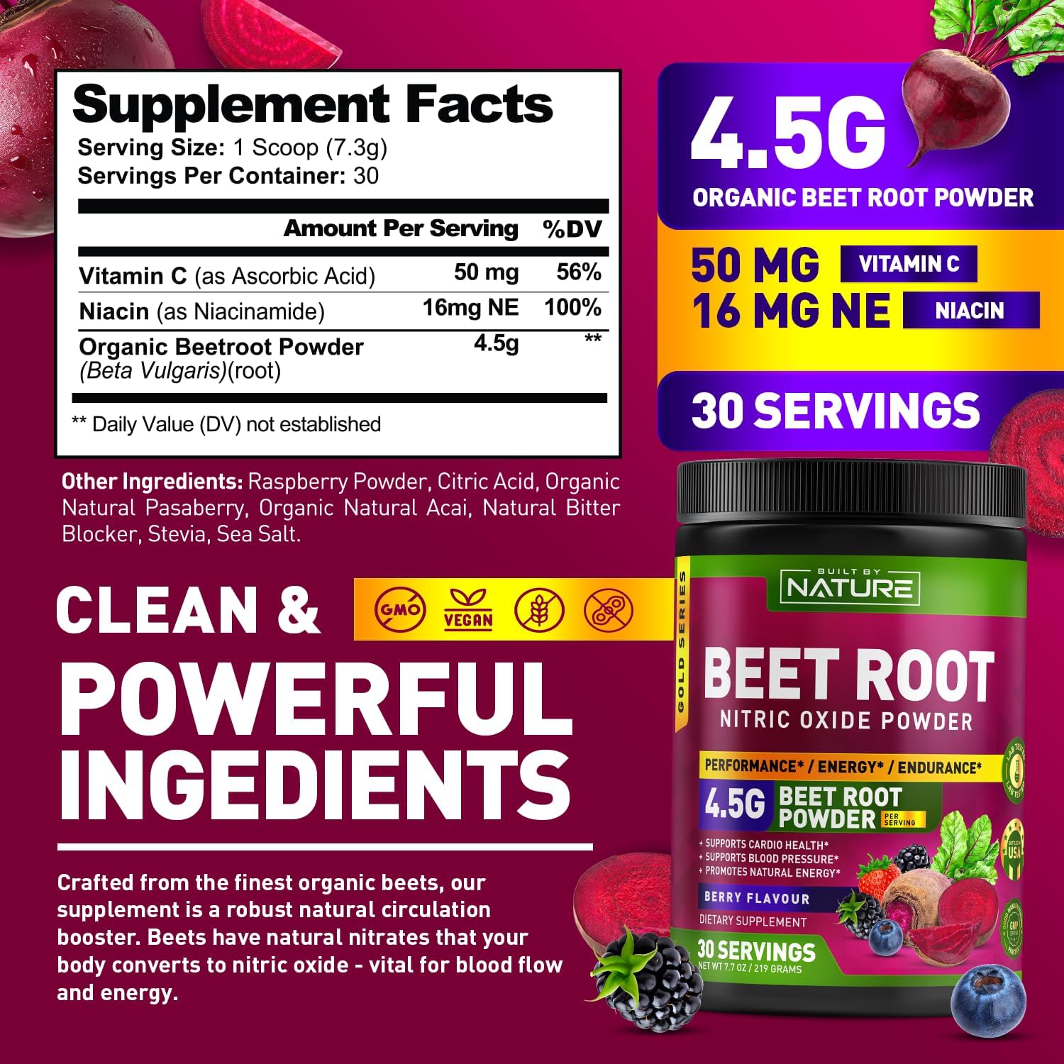 Organic Beet Root Nitric Oxide Powder Supplement for Circulation, Energy, and Heart Health - Vegan, Non-GMO - Berry Flavor - 30 Servings