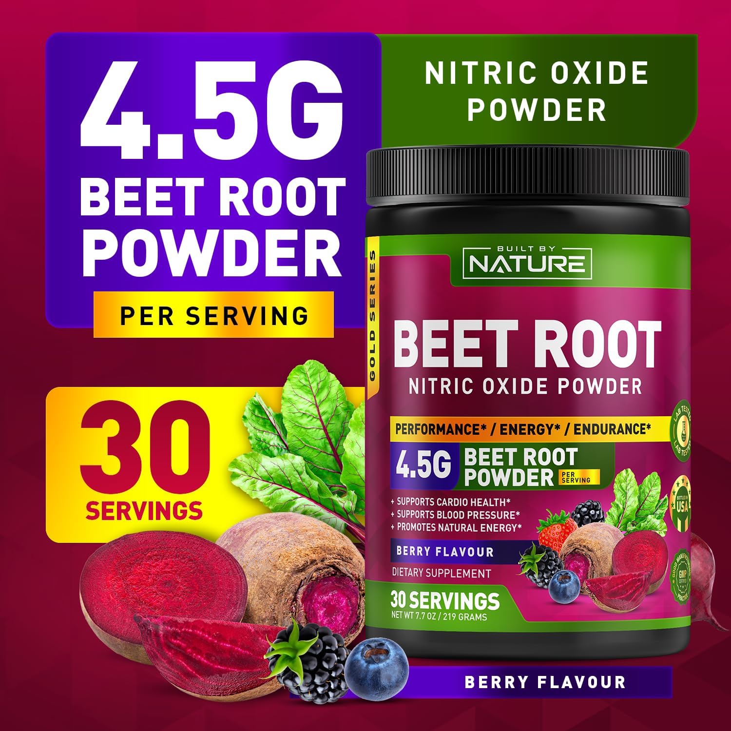 Organic Beet Root Nitric Oxide Powder Supplement for Circulation, Energy, and Heart Health - Vegan, Non-GMO - Berry Flavor - 30 Servings
