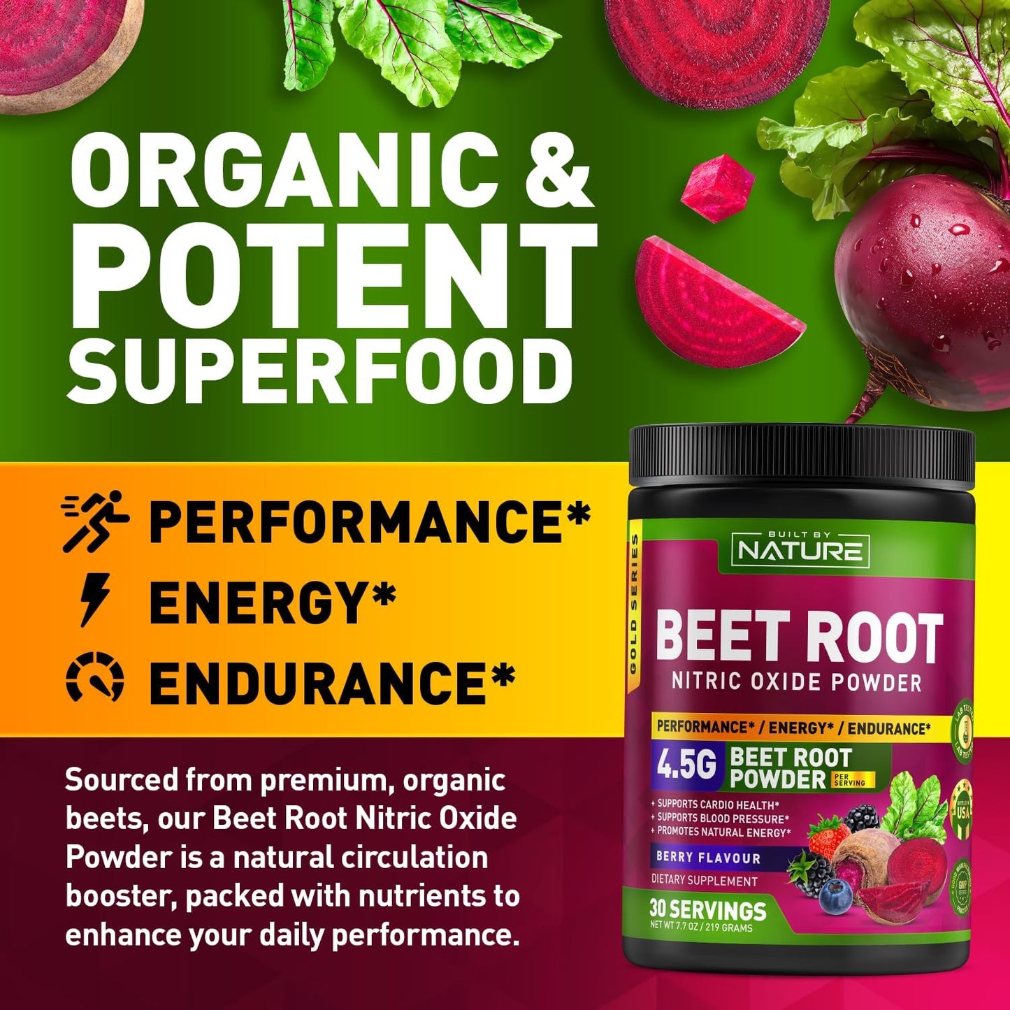 Organic Beet Root Nitric Oxide Powder Supplement for Circulation, Energy, and Heart Health - Vegan, Non-GMO - Berry Flavor - 30 Servings